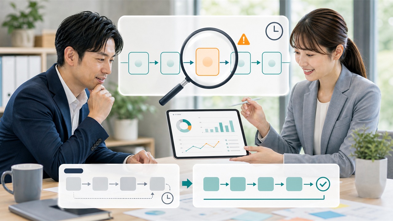 業務フローの詰まりや時間がかかる箇所を確認しているイメージ