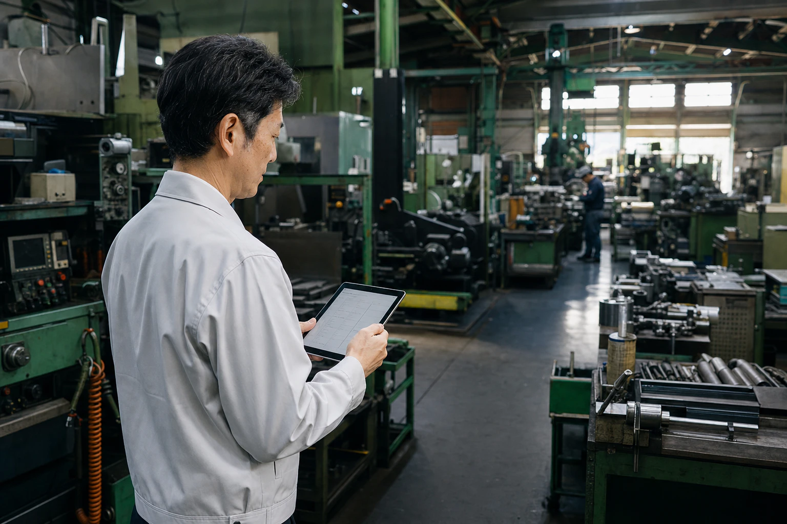 製造業の担当者が工場内でタブレットを使い作業状況を確認している様子